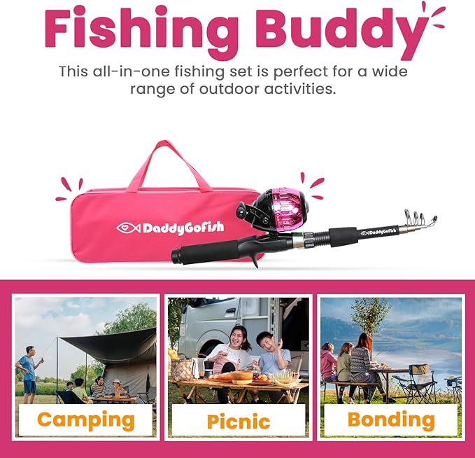 DaddyGoFish Kids Fishing Pole - Rod Reel Combo Tackle Box Starter Set - First Year Small Dock Gear Kit for Boys Girls Toddler Youth Age Beginner Little Children Junior Anglers Older Kids