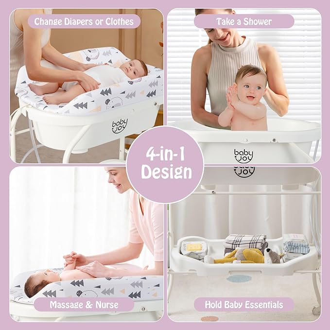 BABY JOY Baby Bathtub with Changing Table, Foldable Infant Diaper Changing Station with Storage Tray, Waterproof Pad, Portable Newborn Nursery Organizer Bath Stand with 4 Universal Wheels (White)