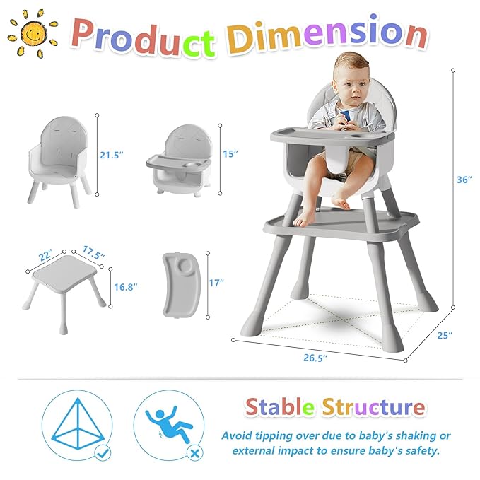 6 in 1 Baby High Chair for Babies and Toddlers, Booster Seat, Kids Learning Table & Chair (Grey)