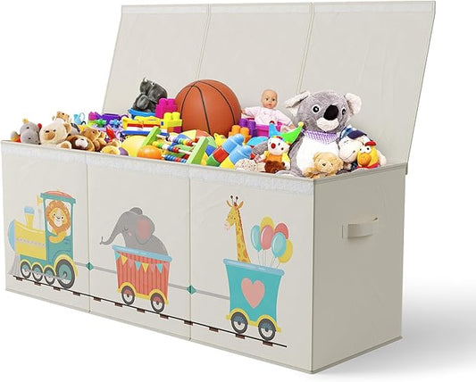 Extra Large Collapsible Sturdy Toy Storage Organizer with Lids, Animal Train Toy Box for Boys Girls, 40"x16"x16", Modern, Beige