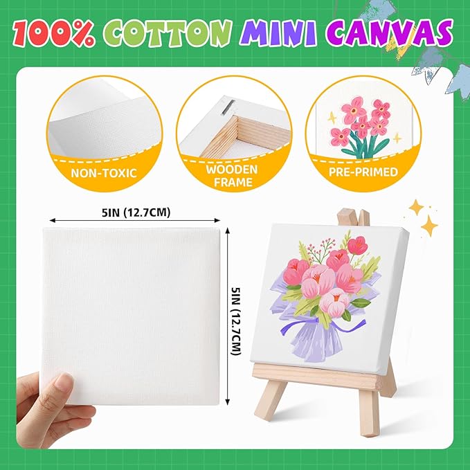 ESRICH 24 Set Mini Acrylic Paint Kit,5in Mini Stretched Canvas with 7.5in Easel,Acrylic Paint Strips,Paint Palettes,Painting Brushes, Small Canvas and Easel Set for Kids Artists Beginner,Gift