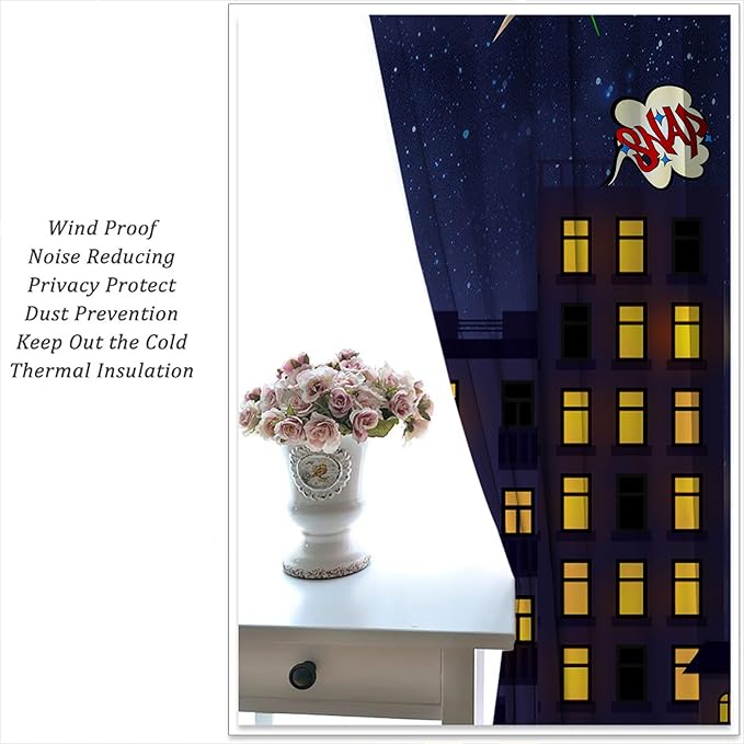 Super Hero Rod Pocket Blackout Curtains for Boy Girl Bedroom, Exploding City Starry Cartoon Skyline Home Energy Efficient Light Filtering Window Curtain for Living Room, 63x63 inch