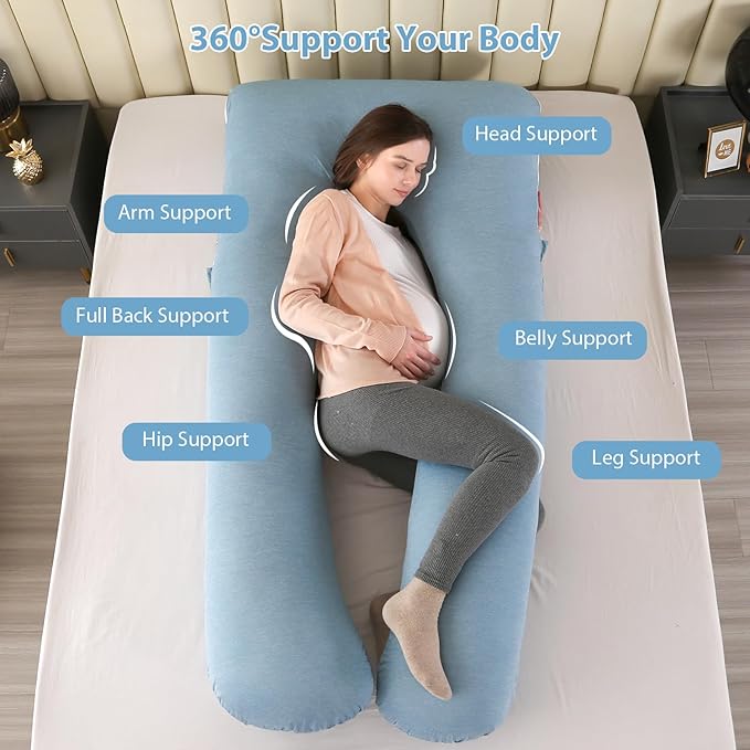Amagoing Cooling Pregnancy Pillow for Sleeping, U Shaped Maternity Full Body Pillow for Women with Hip, Leg, Back Pain Support, Removable Cooling Cover Included (Light Blue)