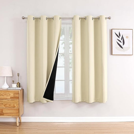 ChrisDowa 100% Blackout Curtains 45 inch Long for Bedroom with Black Liner, 2 Thick Layers Total Blackout Thermal Insulated Grommet Window Curtains 2 Panels Set (Light Beige, 42 x 45 Inch)