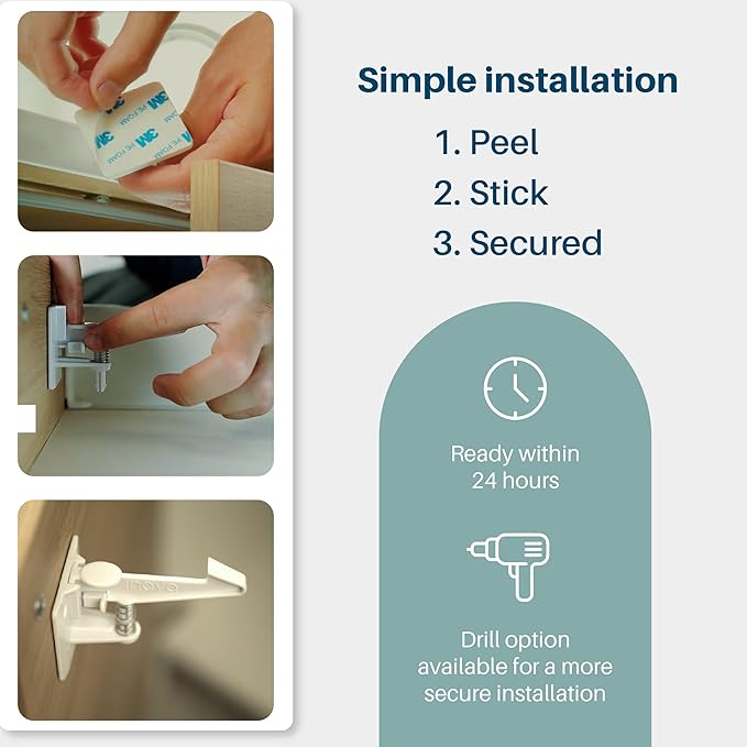 Inaya Cabinet Locks Child Safety Latches - Baby Proofing Cabinets & Drawers Locks - Child Proof Your Home - No Drilling & No Tools Required! (12 Pack - Extended Length Version)