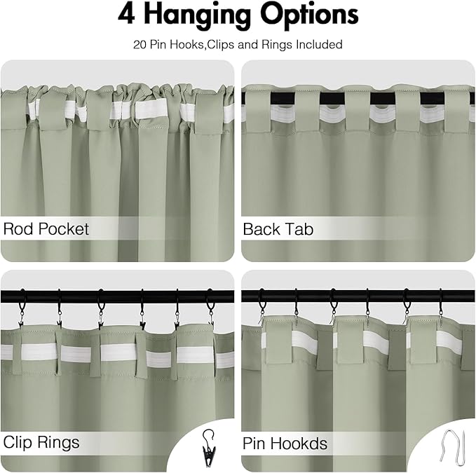 ANRODUO Extra Long 102 Inch Blackout Curtains Sage Green Room Darkening Light Blocking Curtains 2 Panels Set Thermal Insulated Blackout Drapes with Hooks, Rings, Clips