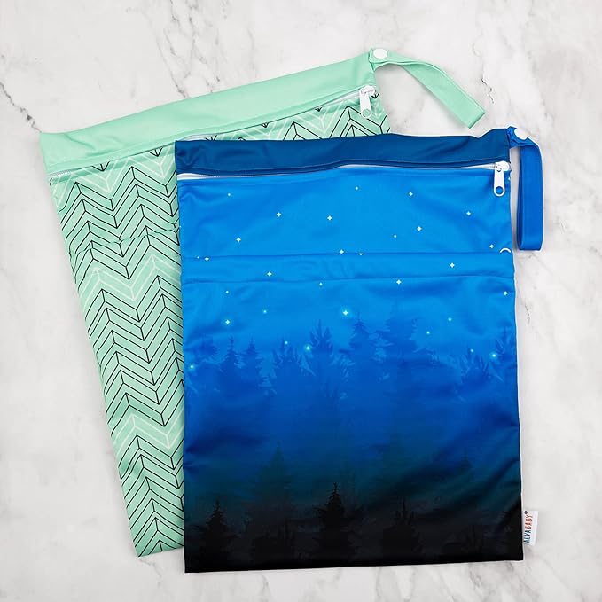 ALVABABY 2pcs Cloth Diaper Wet Dry Bags Waterproof Reusable with Two Zippered Pockets Travel Beach Pool Daycare Soiled Baby Items Yoga Gym Bag for Swimsuits or Wet Clothes LX-AMD0912