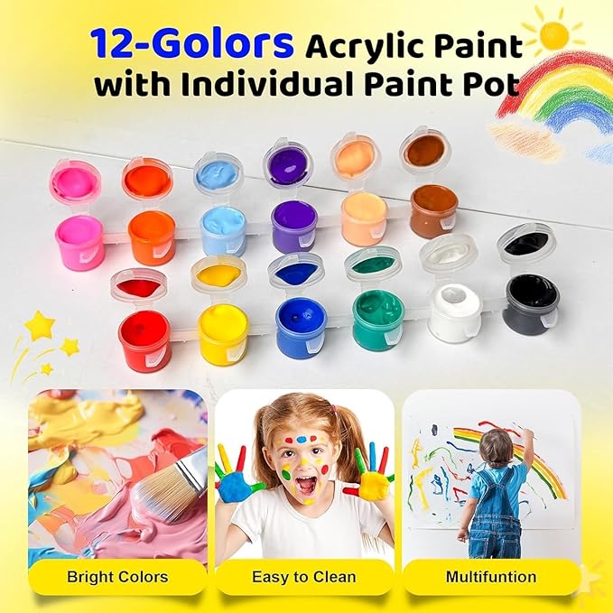 EzaroNexis Mini Acrylic Paint Set for Kids, 30 Pack 12 Colors Washable Kids Paint kit, Perfect for Home Birthday Classroom Party Favors,Painting Canvas,Paper,Wood,Rock & Fabric (420)