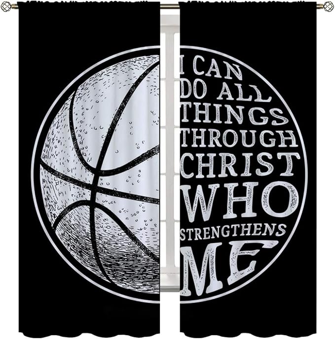 Basketball Blackout Curtains for Boy Girl Room Darkening Decor,Sport Theme and White Motto Dark Background Bedroom Living Room Home Rod Pocket Thermal Insulated Window Curtain/Drapes Panel,55x63 Inch…