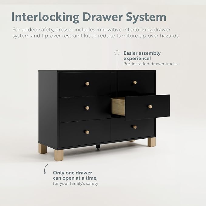 Storkcraft California 6-Drawer Double Dresser (Black with Driftwood) - GREENGUARD Gold Certified, Interlocking Drawer System, Dresser Drawer Organizer for Kids Bedroom