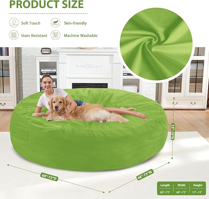 7FT Bean Bag Chair, Large Bean Bag Chairs with Memory Foam Filled, Fluffy Beanbag Sofa with Dutch Velvet Cover, Round BeanBag Chairs for Living Room, Playroom - Lime