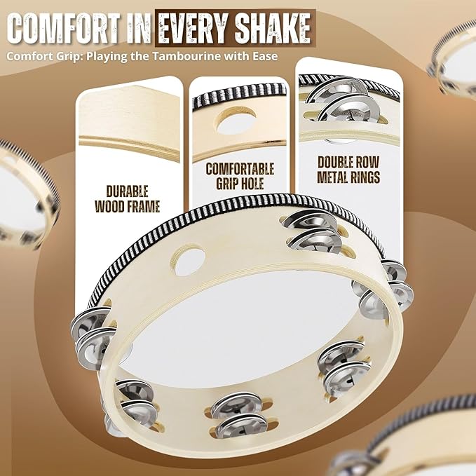 Flexzion Wood Handheld Tambourine for Adults 8-Inch Double Row 8-Pair Jingles (Wood) - Percussion Round Tamborines Musical Instrument with Metal Zills