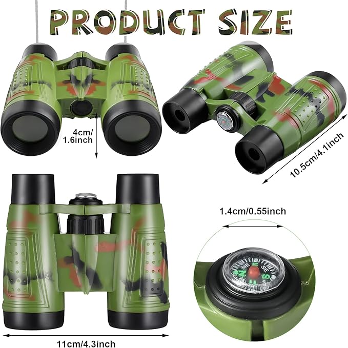 25 Pack Binoculars for Kids 6+ Years Old, with Compass and Neck String Toddler Toy Binoculars Gift Set for Camping Adventure, Party Favor, Red, Yellow, Camo, Green, Blue
