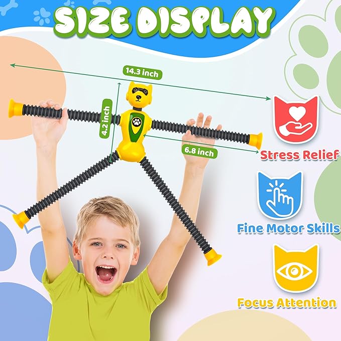 Cool Robot Dog Pop Tubes Sensory Fidgets Toddler Toy 4PC Travel Toys Airplane Car Activities Autistic Road Trip Toys Suction Tube for Kid Boy Year Old Ages 3 4 5 6 7 8 ADHD Autism Fidget Classroom