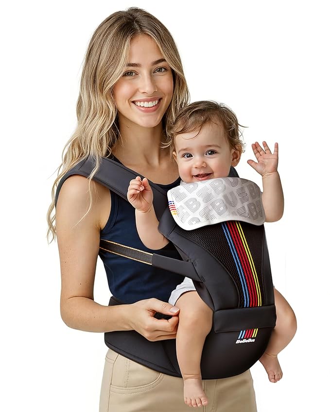 Baby Carrier with Hip Seat, BeBeBus 2-in-1 Ergonomic Newborn to Toddler Carrier up to 44 lbs, Detachable Hands-Free for Infant, All Season Forward-Facing Carry, Fits Waist Sizes up to 38 inch (Black)