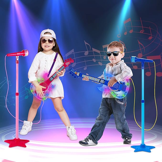 Guitar and Microphone Play Set for Girls,Karaoke Machine with Music&Light,Microphone Toys with Stand,Adjustable Height Guitar Toys for Kids,Toddlers,Child(Red)