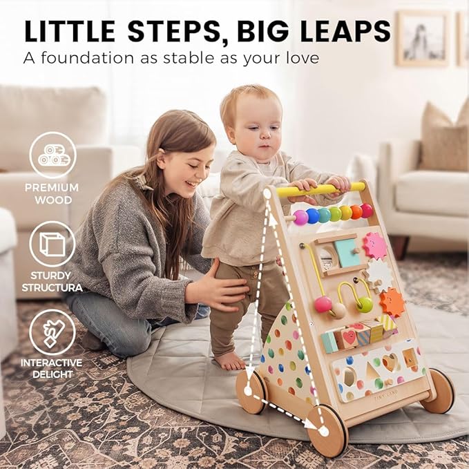 Tiny Land Wooden Baby Walker, Adjustable Speed Baby Push Walker for Boys and Girls, Montessori Activity Center Push Toy for Kids Development (Rainbow)
