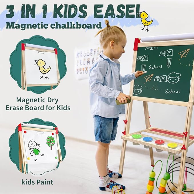 Easel for Kids,Adjustable Wooden Art Easel for Kids,114+ Art Supplies,Double Sided Magnetic Chalkboard and White Board for Kid,Drawing and Painting for Aged 2-4,5-7,8-12,2 Paper Rolls