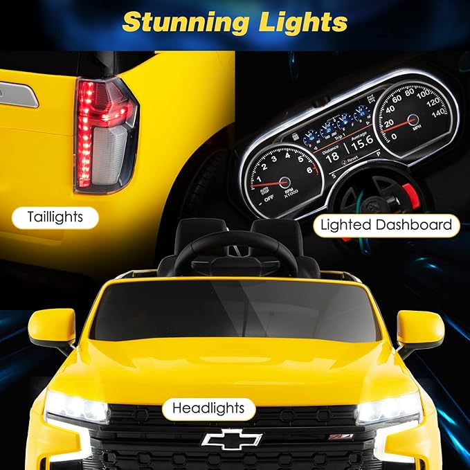 Costzon Ride on Car, 12V Licensed Chevrolet Tahoe Battery Powered Electric Vehicle w/ 2.4G Remote Control, High/Low Speed, Music, Lights, MP3/USB/FM, Spring Suspension, Electric SUV for Kids (Yellow)