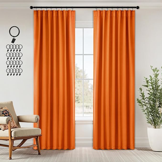 ANRODUO Back Tab Blackout Curtains for Bedroom Living Room, Rod Pocket Pinch Pleated Thermal Insulated Room Darkening Curtains 90 Inches Long 2 Panels, Orange, 42 x 90 Inch