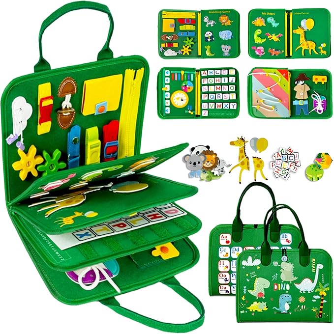 Qizfun Busy Board Book Montessori Toys for 1 2 3 4 Year Old, Boy Girl Birthday Gifts, Educational Sensory Learning Toys for Toddlers 1-3, Car Airplane Travel Activities Toys for Kids Ages 2-4 Year Old