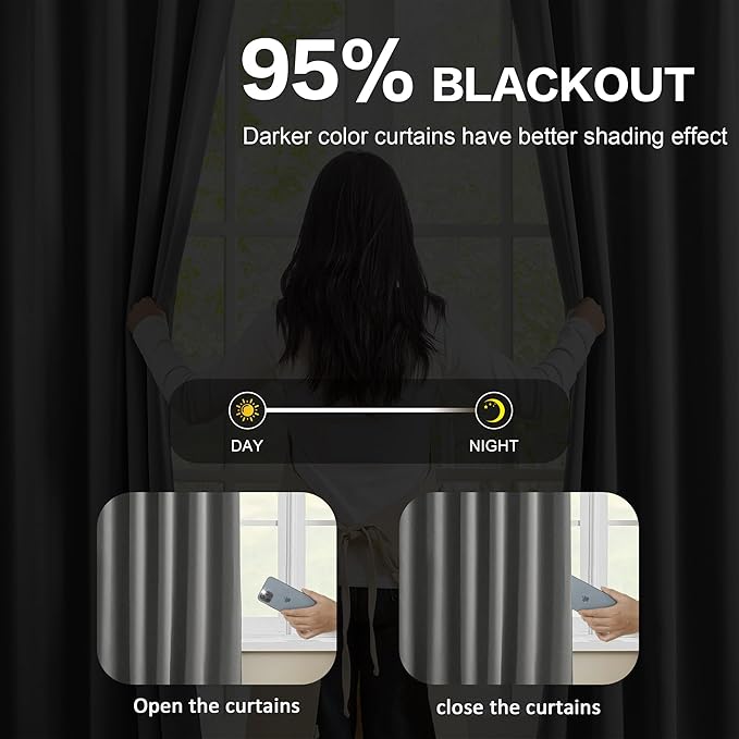 KEQIAOSUOCAI Blackout Pleated Curtains 95 Inches Long, Privacy Window Drapes for Living Room/Dining Room/Bedroom, 72 Wide x 95 Inch Long,Grey Color, Pinch Pleat with Hooks, 2 Panels