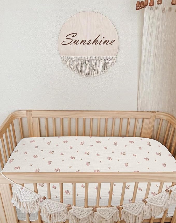 Muslin Bedside Bassinet Sheets 2 Pack, 33x20 Fitted Ultra Soft & Breathable Bedside Sleeper Sheets, Ideal for Baby Girl and Boy, Perfect for Newborns (Vintage Blossom & Pink)