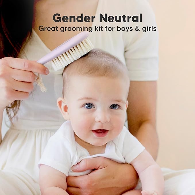 Baby Hair Brush and Comb Set for Newborn - Wooden Baby Hair Brush Set with Soft Goat Bristle, Baby Brush Set for Newborns, Baby Brush and Comb Set Girl, Boy, Toddler Cradle Cap Brush (Oval, Thistle)