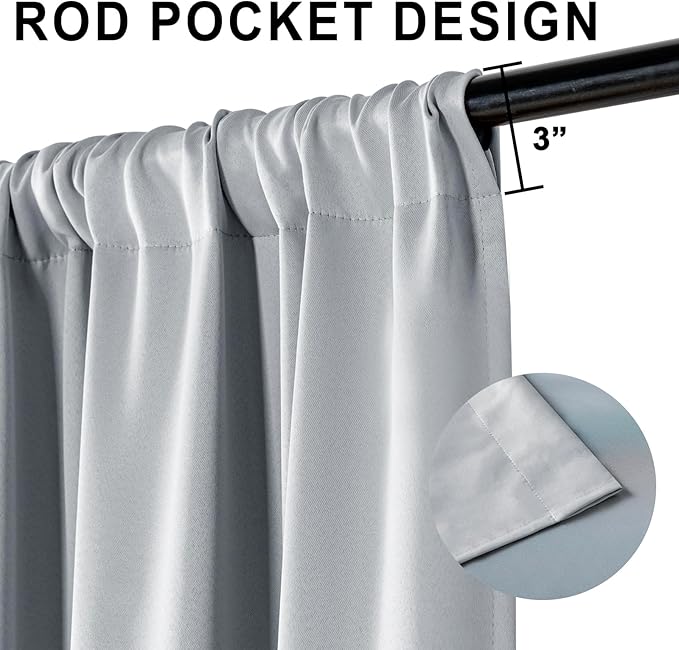 XWZO 100% Blackout Curtains 95 Inches Long with Tiebacks- Rod Pocket Privacy Protection & Noise Blocking Window Draperies with Black Liner for Bedroom/Living Room, Light Grey, W52 x L95, Set of 2