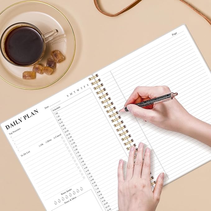 Daily Planner Undated - 8.5" x 11" To Do List Notebook Hourly Schedules, 150 Sheets/300 Pages Spiral Appointment Planner for Women and Men,PVC Hardcover, Inner Pocket, Elastic Closure, Teal Flowers