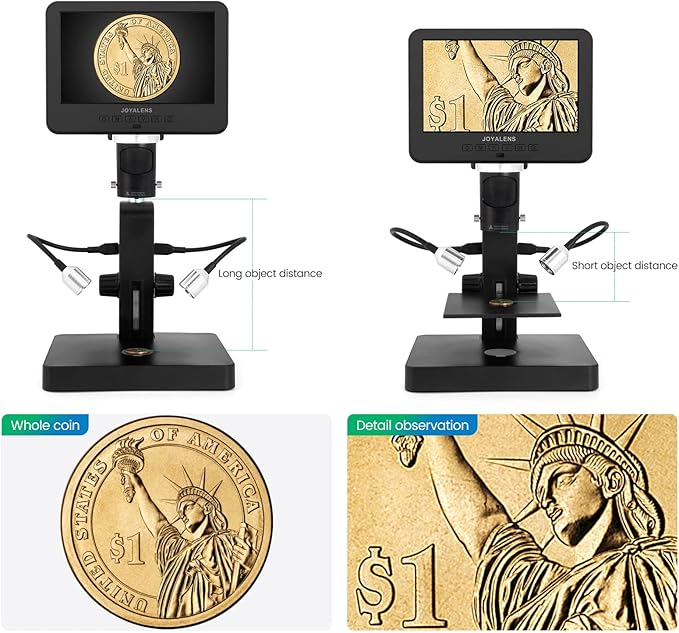 JL246P 3 Lens 7'' LCD Digital Microscope 1000X, Biological Microscope with Prepared Slides for Adults and Kids,12MP for Coin Microscope Full Coin View, 32G Card, Multiple Lights