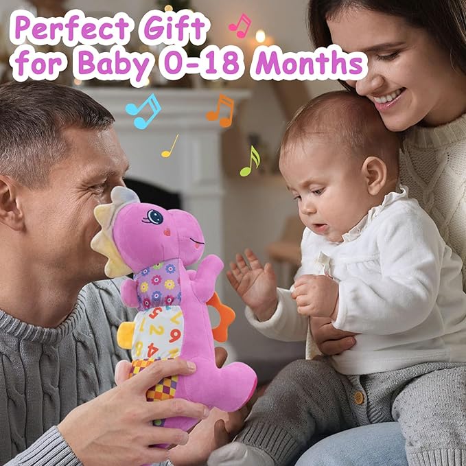 Baby Dino Plush Soft Stuffed Animal Toy for 0-3-6-12+ Months,Infant Musical Toy with Rattle,Squeaker,Sensory Crinkle,Teether & Textures,Toys for Christmas Baby Gift for Newborn Girl Boy (Purple)