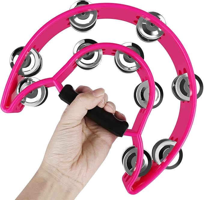 EastRock Double Row Tambourine,Metal Jingles Hand Held Percussion-Half Moon Tambourine for Adults, KTV, Party Pink