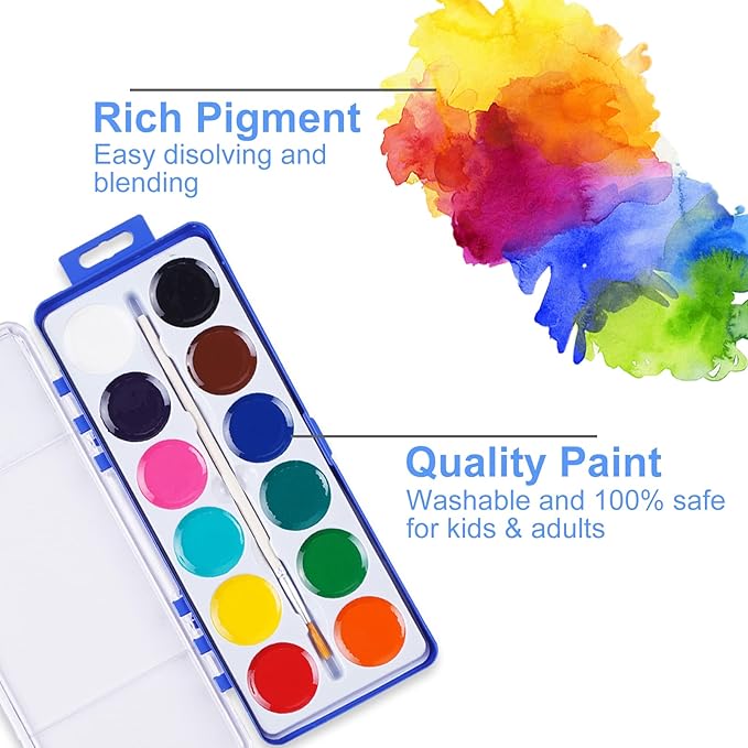 Watercolor Paint Set for Kids, 12 Colors, 24 Pack Washable Water Colors for Party Favors, Gifts, Classroom Supplies (Wood Brushes Included)