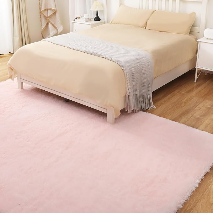 Fluffy Pink Area Rug, 4x6 Shag Rugs for Bedroom, Soft Plush Area Rugs for Living Room, Non-Slip Indoor Carpet for Nursery, Study Room, Playroom, Home Decor