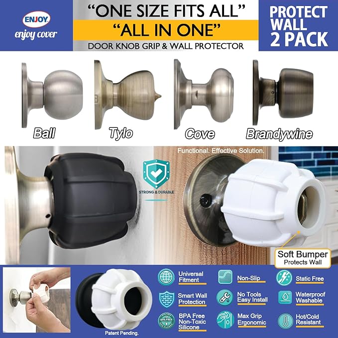 Enjoy Cover |Door Handle Grip Doorstop Knob Stopper Cover, Set of 2 Door Knob Grips for Arthritis & Seniors,Universal Size Wall Protector (White)