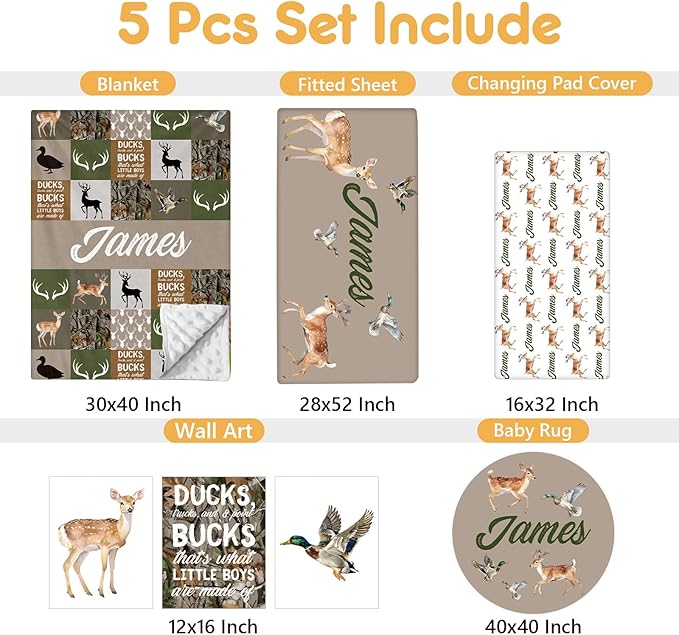 Custom Baby Crib Bedding Set, 5 Pcs Personalized Name Baby Crib Sets for Infant Toddler, Green Woodland Deer Nursery Bedding Set for Boys Girls, Double Layer Baby Bedding Sets Customized Gifts