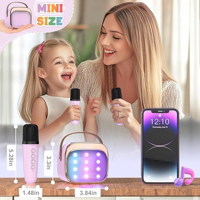 FLUESTON Mini Karaoke Machine for Kids Adults, Portable Bluetooth Speaker with 2 Wireless Microphones, Birthday Kids Gifts Toys for Girls Ages 3, 4, 5, 6, 7, 8, 9,10,11,12+ Years Old