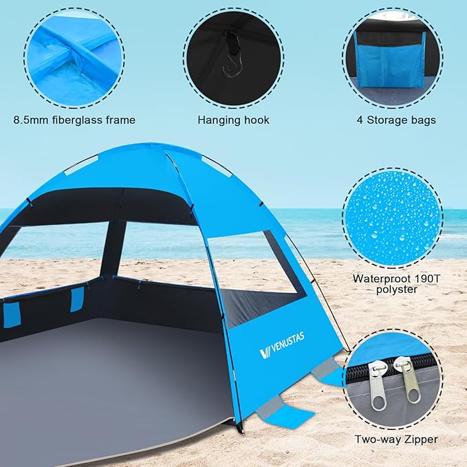 Venustas Beach Tent Sun Shelter for 3/4-5/6-7/8-10 Person, UPF 50+ UV Protection Beach Canopy, Lightweight and Easy Setup Cabana, Portable Shade Tent