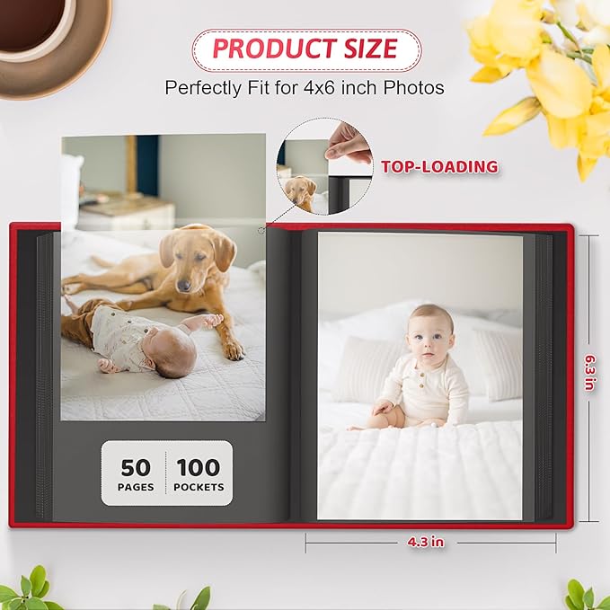 Popotop Photo Album 4x6 100 Pockets with Leather Hardcover Cover, Small Photo Album Holder Book with 50Pcs Pages for Family Travel Wedding Baby Gifts