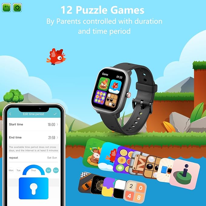 Kids Wach for Girls Boys 6-15 Year Old - Smart Watch for Kids 1.8" Fitness Tracker,No Phone Needed,Pedometer Sleep Monitor Heart Rate Waterproof,Puzzle Game for Girls Boys Teens Birthday Gift (Black)
