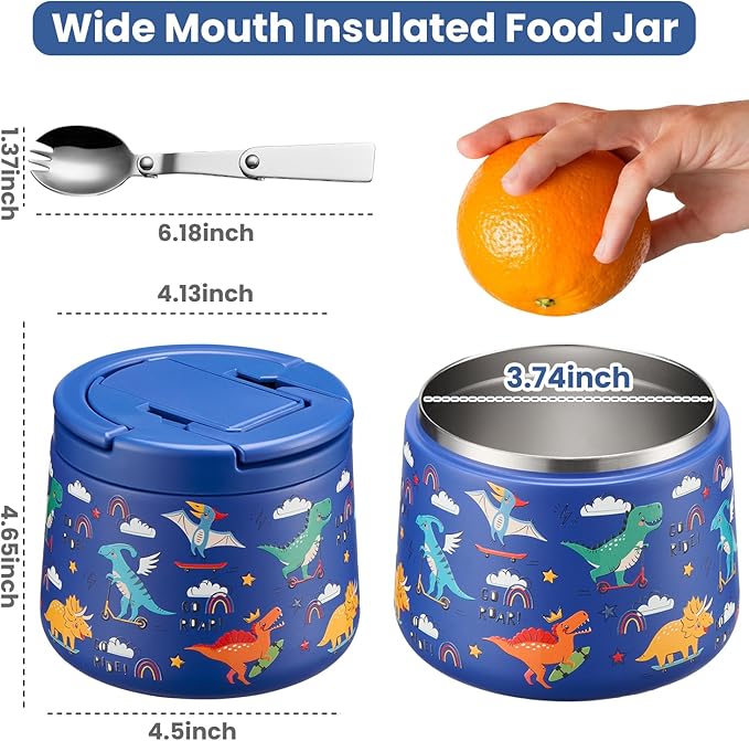 14oz Insulated Vacuum Food Jar with Buckle Lid,Soup Thermo for Hot Food Kids,Wide Mouth Leakproof Stainless Steel Lunch Container with Spoon-Dinosaur