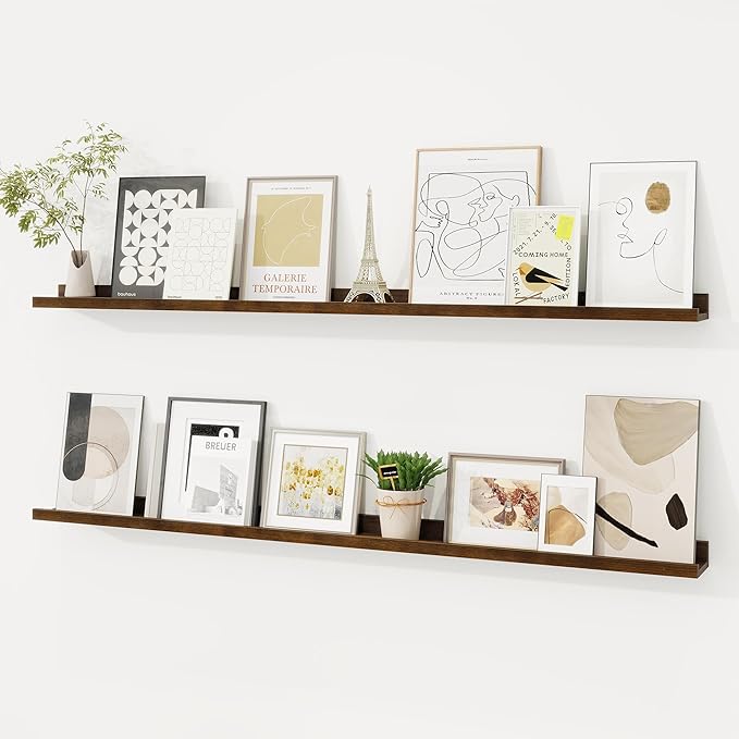 Picture Ledge Shelf, Solid Pine Wood Floating Shelves Set of 2, 48 Inches Nursery Book Shelves for Toys Storage, Kids Bookshelf Wall Mounted for Living Room Bedroom Decor Books Photo Frames, Walnut