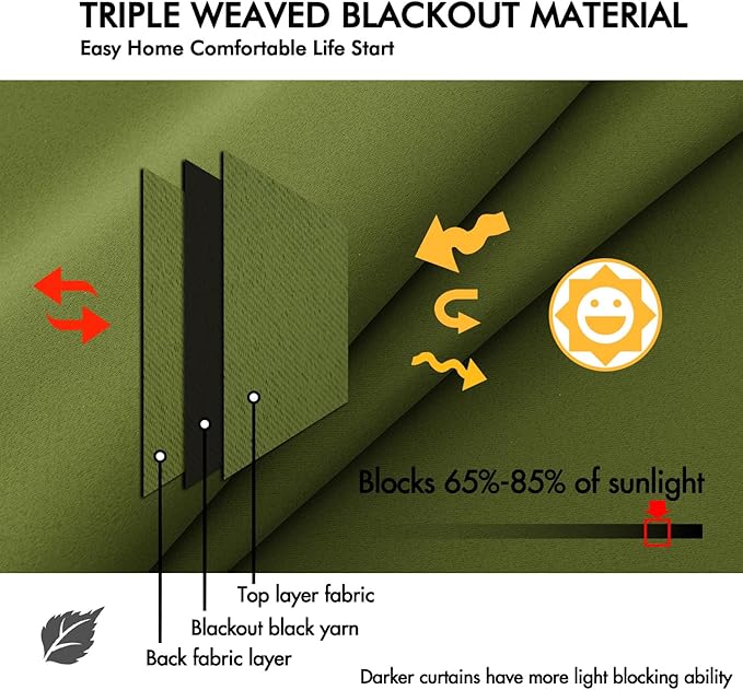 ANRODUO Back Tab Blackout Curtains for Bedroom Living Room, Rod Pocket Pinch Pleated Thermal Insulated Room Darkening Curtains 96 Inches Long 2 Panels, Olive Green, 42 x 96 Inch