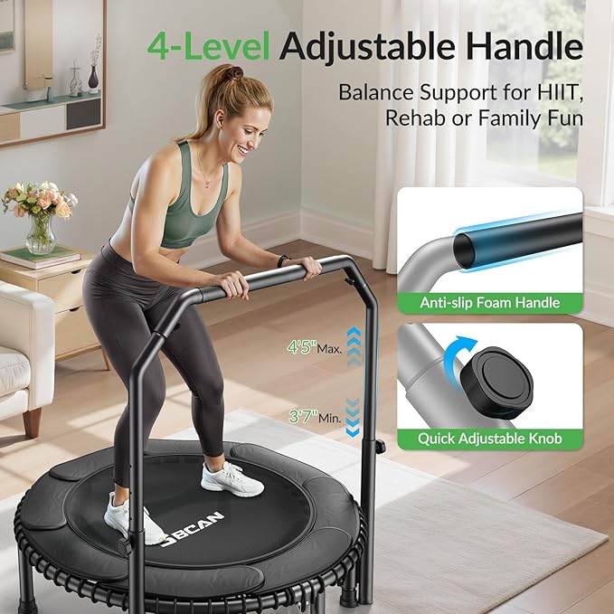 BCAN 40"/48" Mini Rebounder Trampoline for Adults with Bar, 450/550LBS Fitness Trampoline with Bungees, Adjustable Handle, Stable & Quiet, Indoor Outdoor, Whole-Body Workout & Relaxation at Home