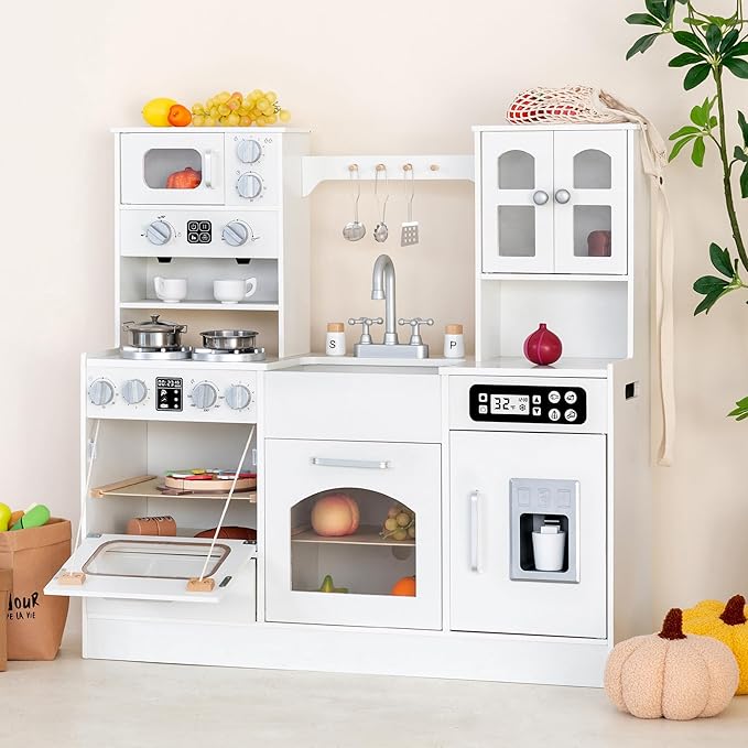 Wooden Play Kitchen for Toddlers and Kids with Lights & Sounds, Large Interactive Pretend Play Set with Ice Maker, Stove, Sink, Oven, 12 Accessories - Ages 3-8