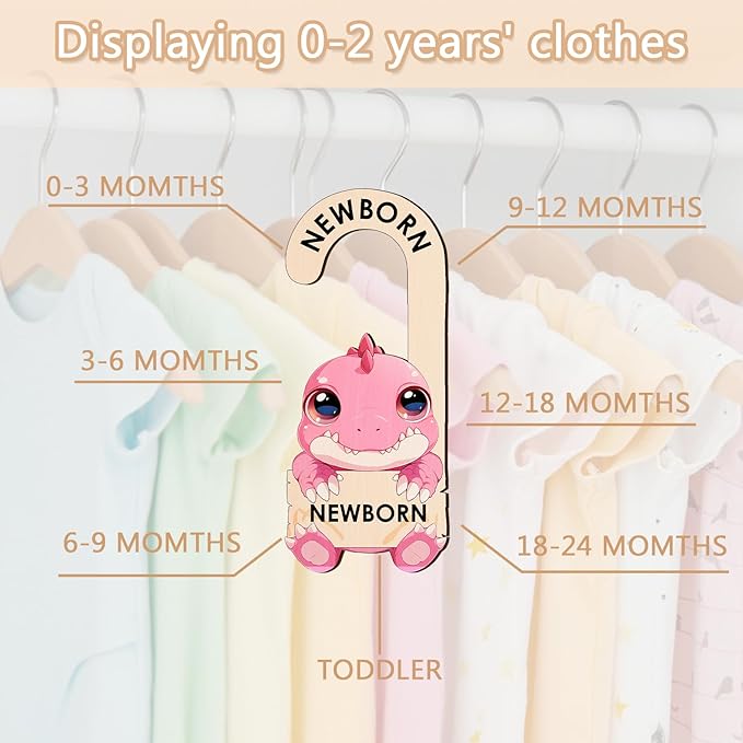 Baby Clothes Dividers for Closet - Wooden Baby Size Closet Dividers Newborn to 24 Months, Unique Dinosaur Design Babies Clothes Organizer for Nursery Decor Gender-Neutral Newborn Hangers (Set of 8)