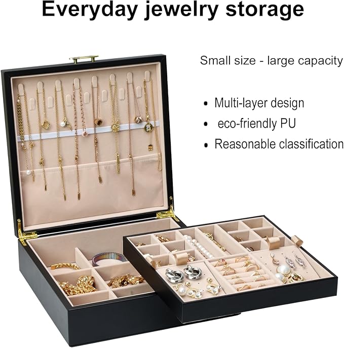 2-layer jewelry box，Jewelry Organizer with Handle，with hanging necklace hooks, detachable jewelry trays, suitable for storing a large amount of jewelry gift box (Large-Black)