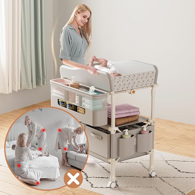 Baby Changing Table, Versatile Folding Changing Table with 2 Drawers, Portable Baby Diaper Changing Station with Toy Holder, Adjustable Height Mobile Nursery Diaper for Infant and Newborn