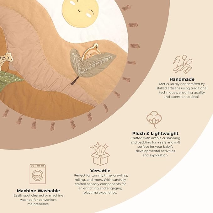 Crane Baby Activity Mat with Interactive Toys, Safari Zoo Themed Tummy Time Floor Mat, 36x36 Quilted Cotton Playmat, Infant Development Toys, Playmats for Newborn